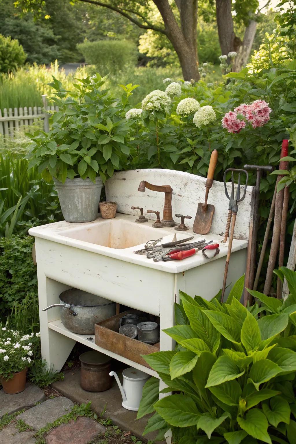 A practical gardening tool organizer made from a dry sink.