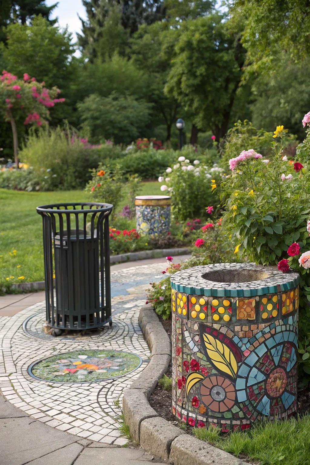 Mosaic artistry transmutes refuse receptacle areas into artistic focal echelons.