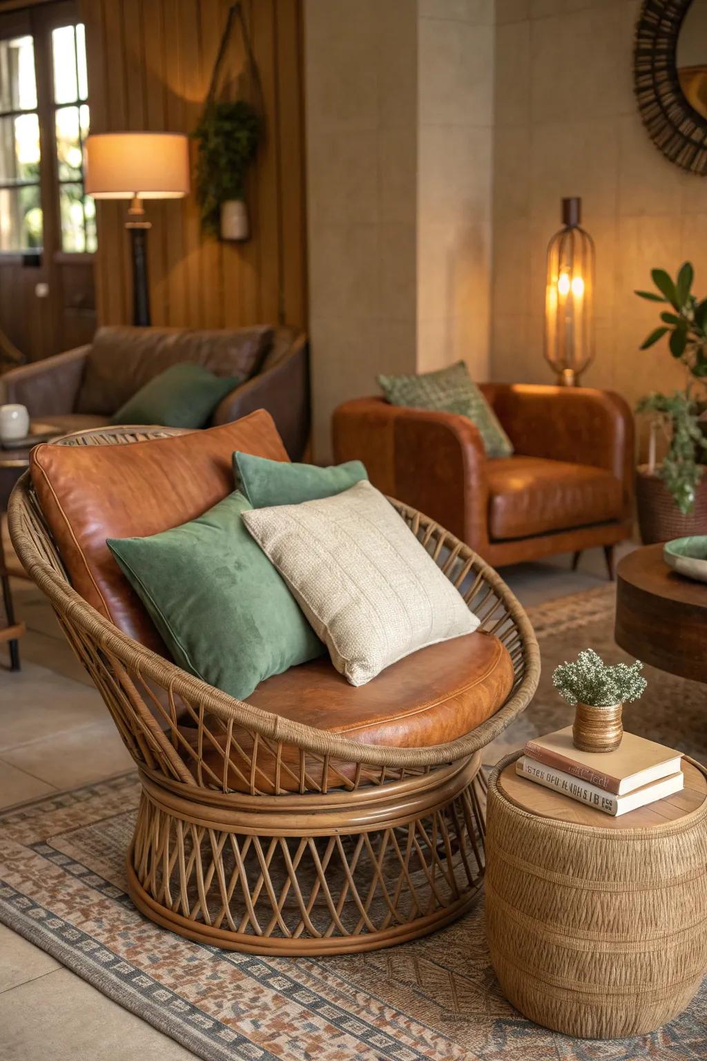 Create a layered, dynamic space by mixing materials with earthy tones.