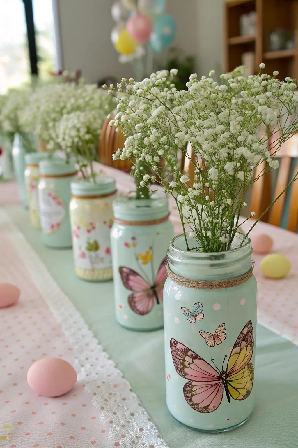 Baby's breath placed within canning jars yields an enchanting and delicate table feature.