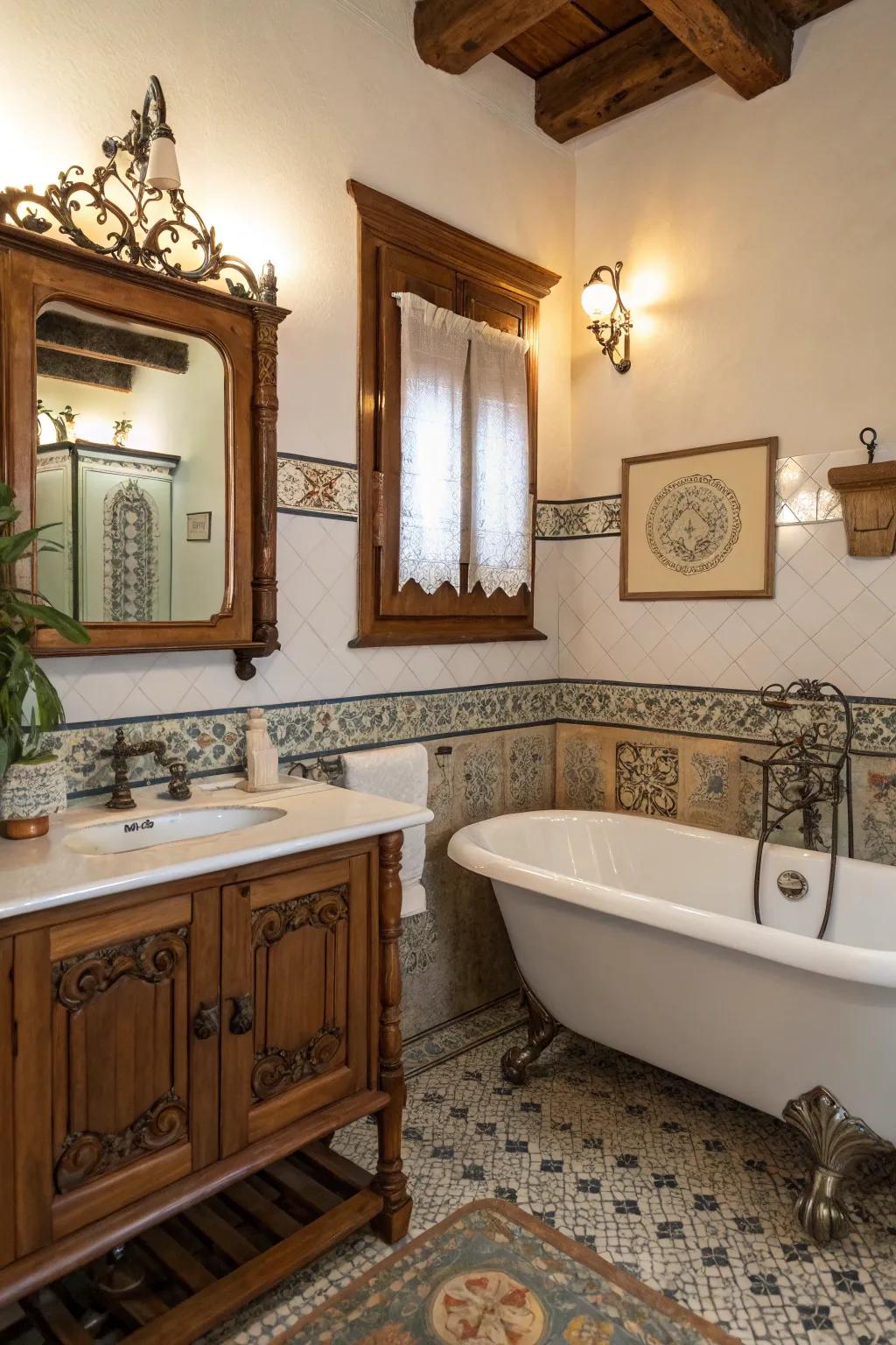 Timeless elements contribute charm to this exquisitely designed bathing area.