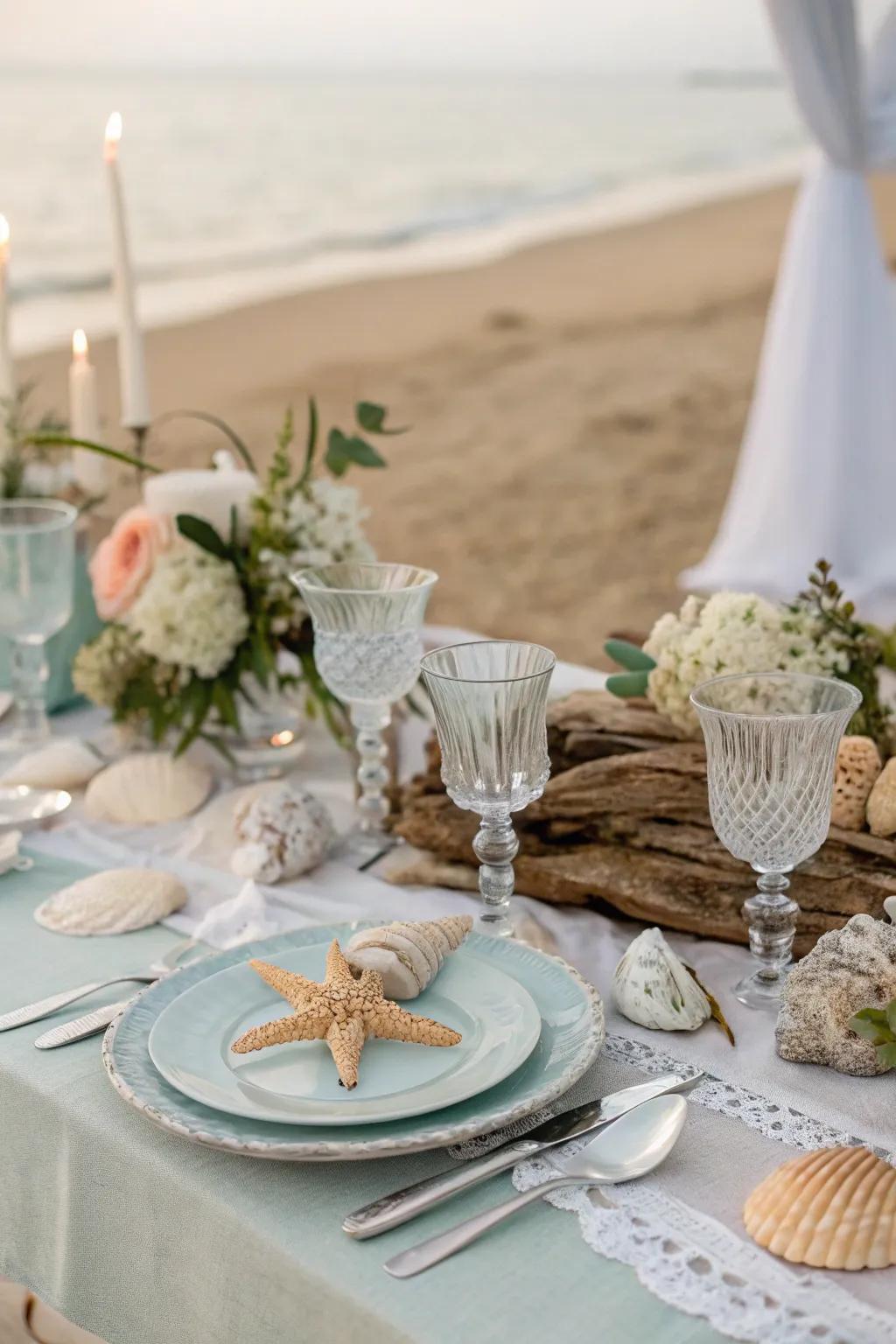 Shell accents bring seaside elegance to the dining setting.