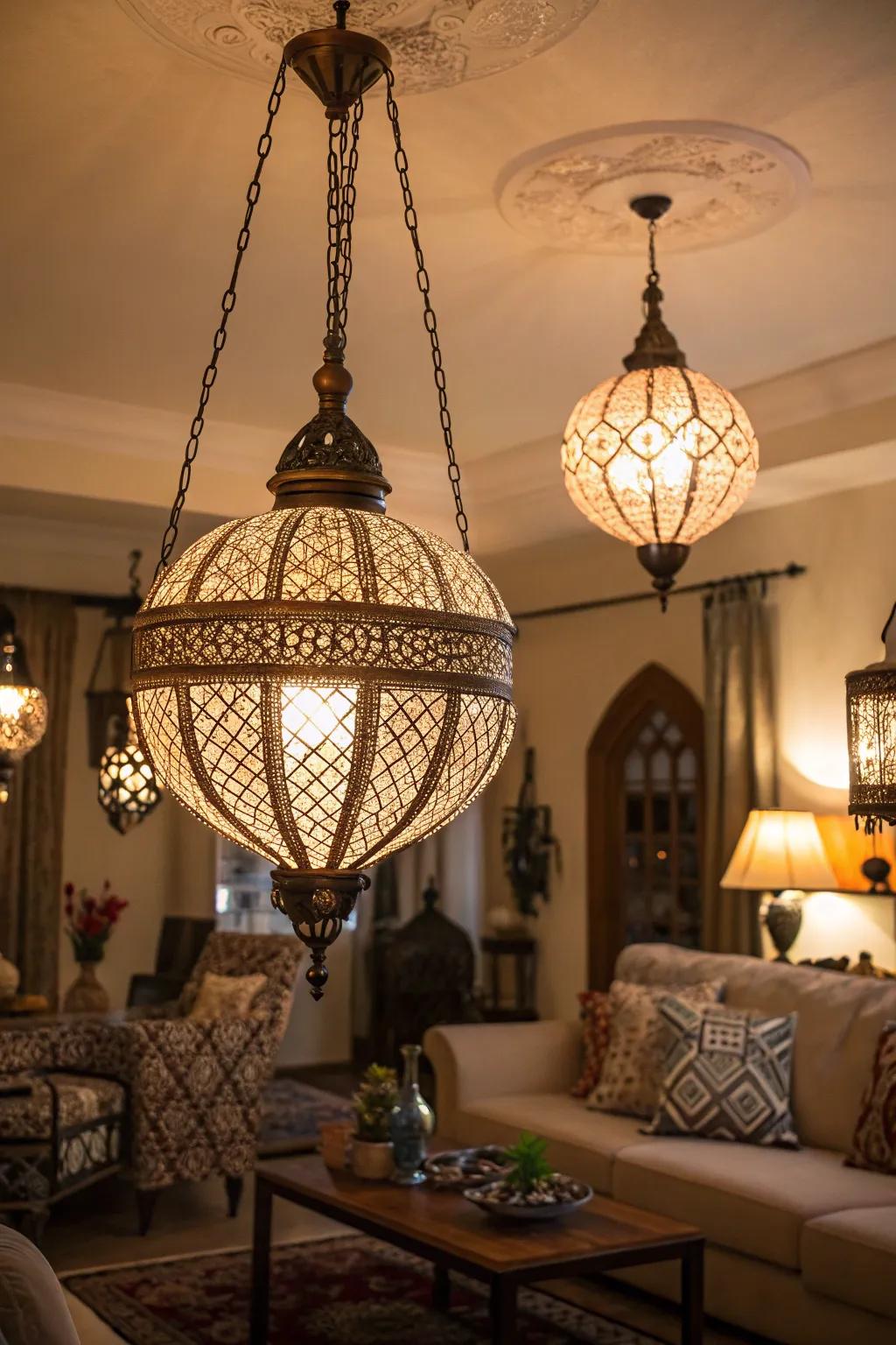 Intricate illumination fixtures enhance the charm of this European-style living room.