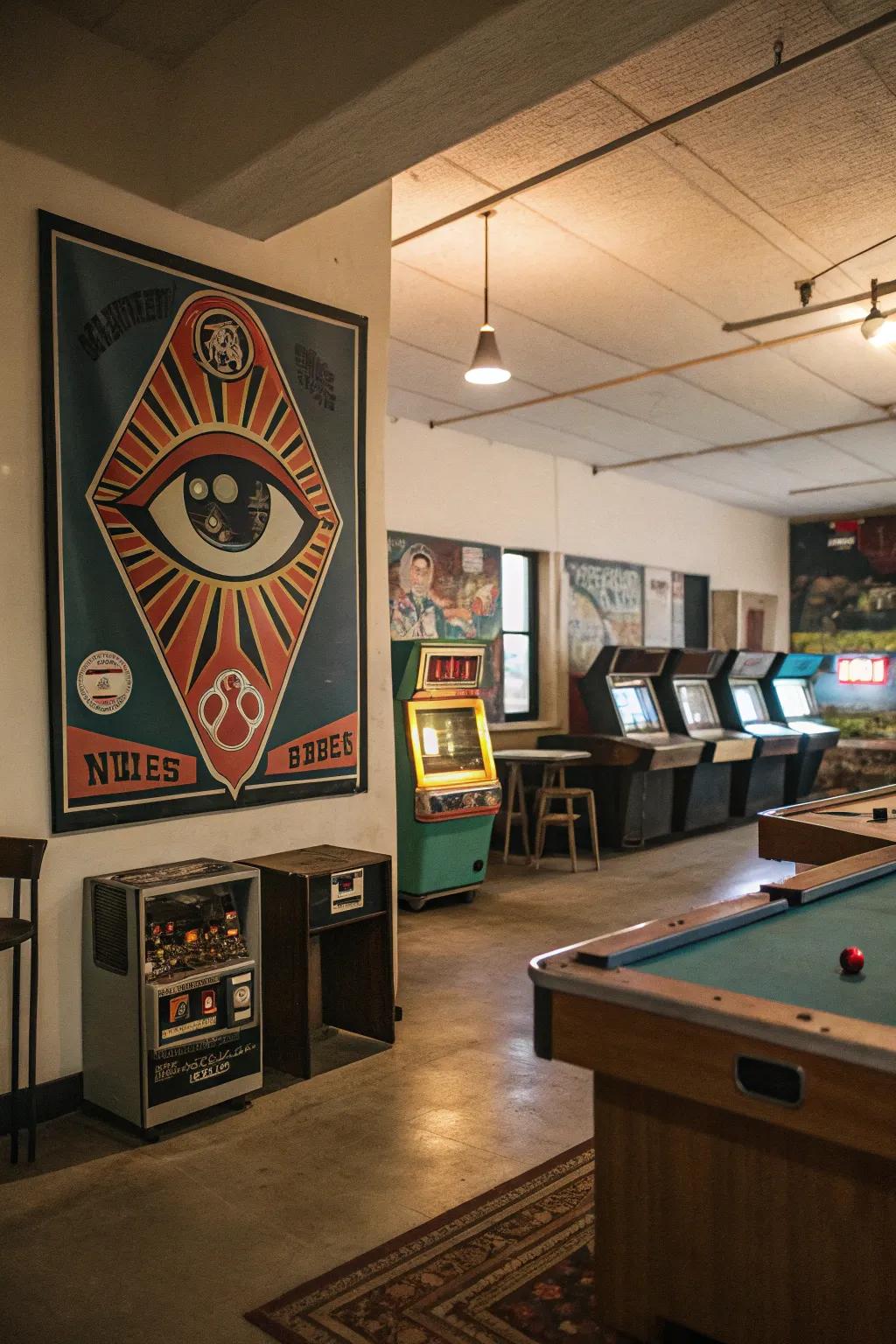A playful retro eye poster contributing nostalgic allure to the game room.