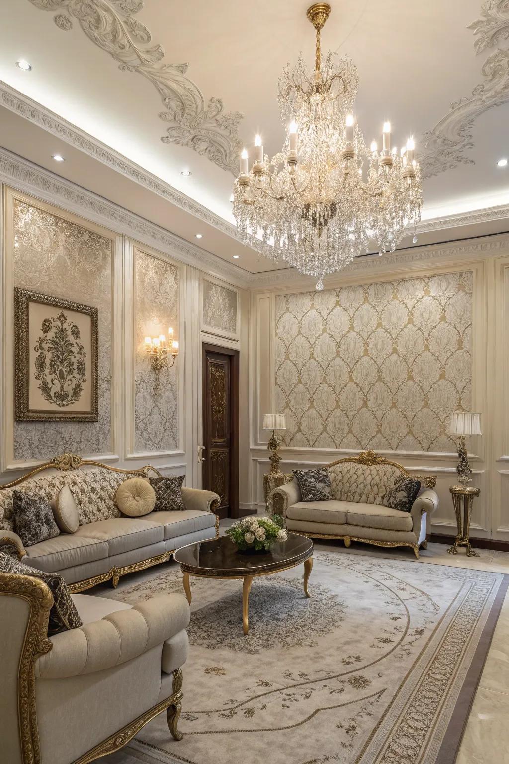 Fabric wallpaper showcasing refined damask patterns exudes an aura of regal sophistication.