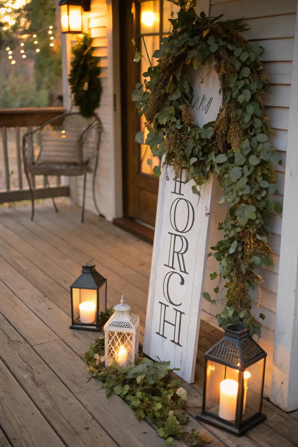 Establish an inviting radiance with lanterns and a foliage wreath.