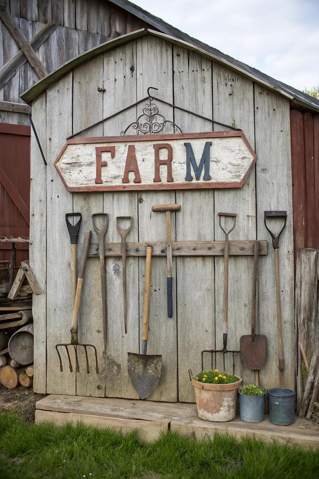 A homage to agrarian heritage through the integration of implements into the sign's design.
