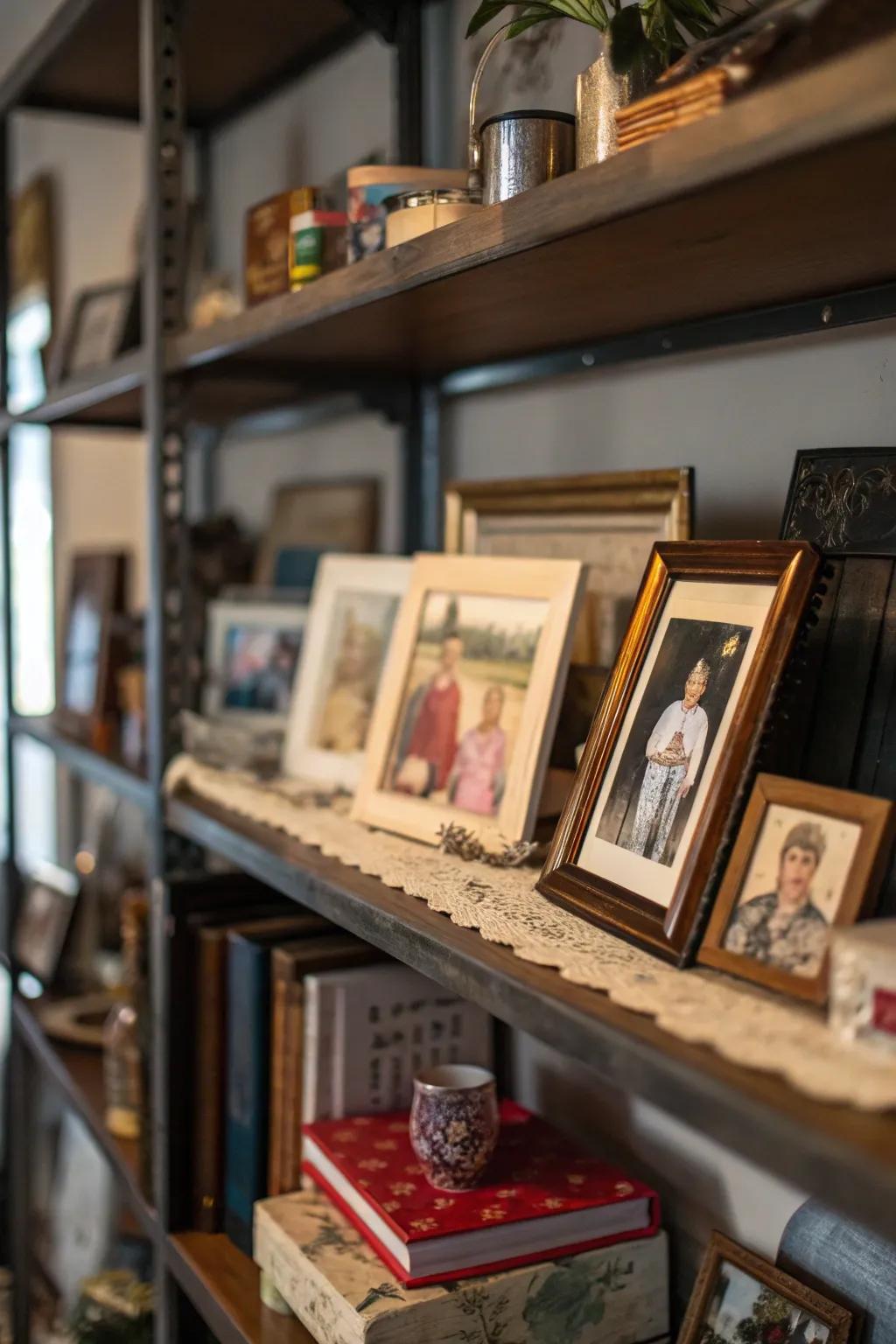 A memory shelf showcasing family images and keepsakes