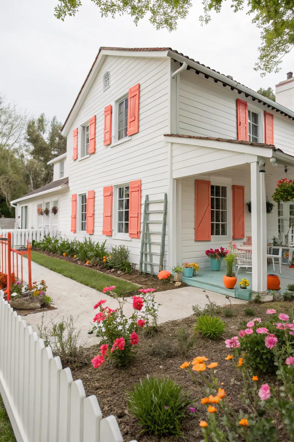 Coral accents introduce a playful and vibrant touch to this farmhouse.
