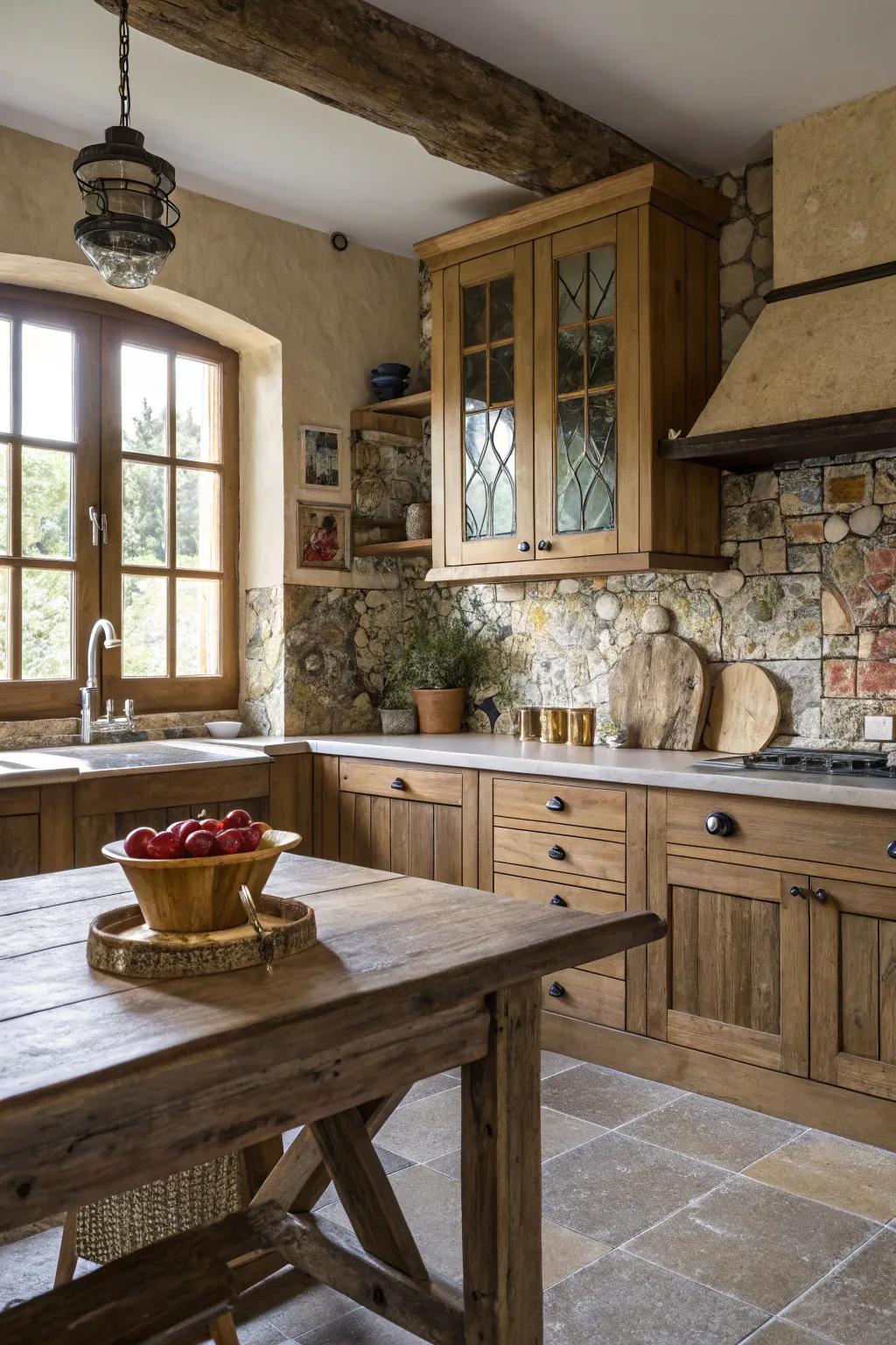 A country-style kitchen featuring a mixed material mosaic backsplash.