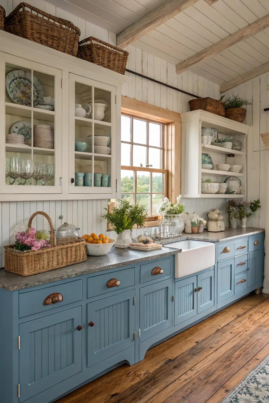 Azure and off-white evoke a classic, coastal farmhouse vibe.