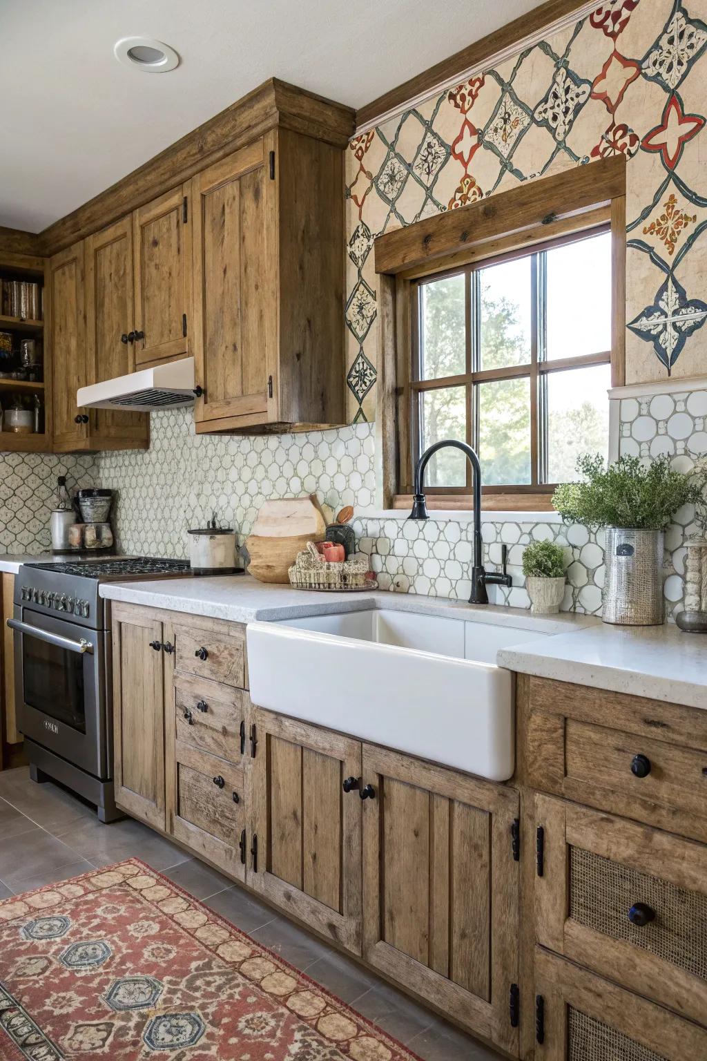 A farmhouse kitchen showcasing a patterned tile backsplash.