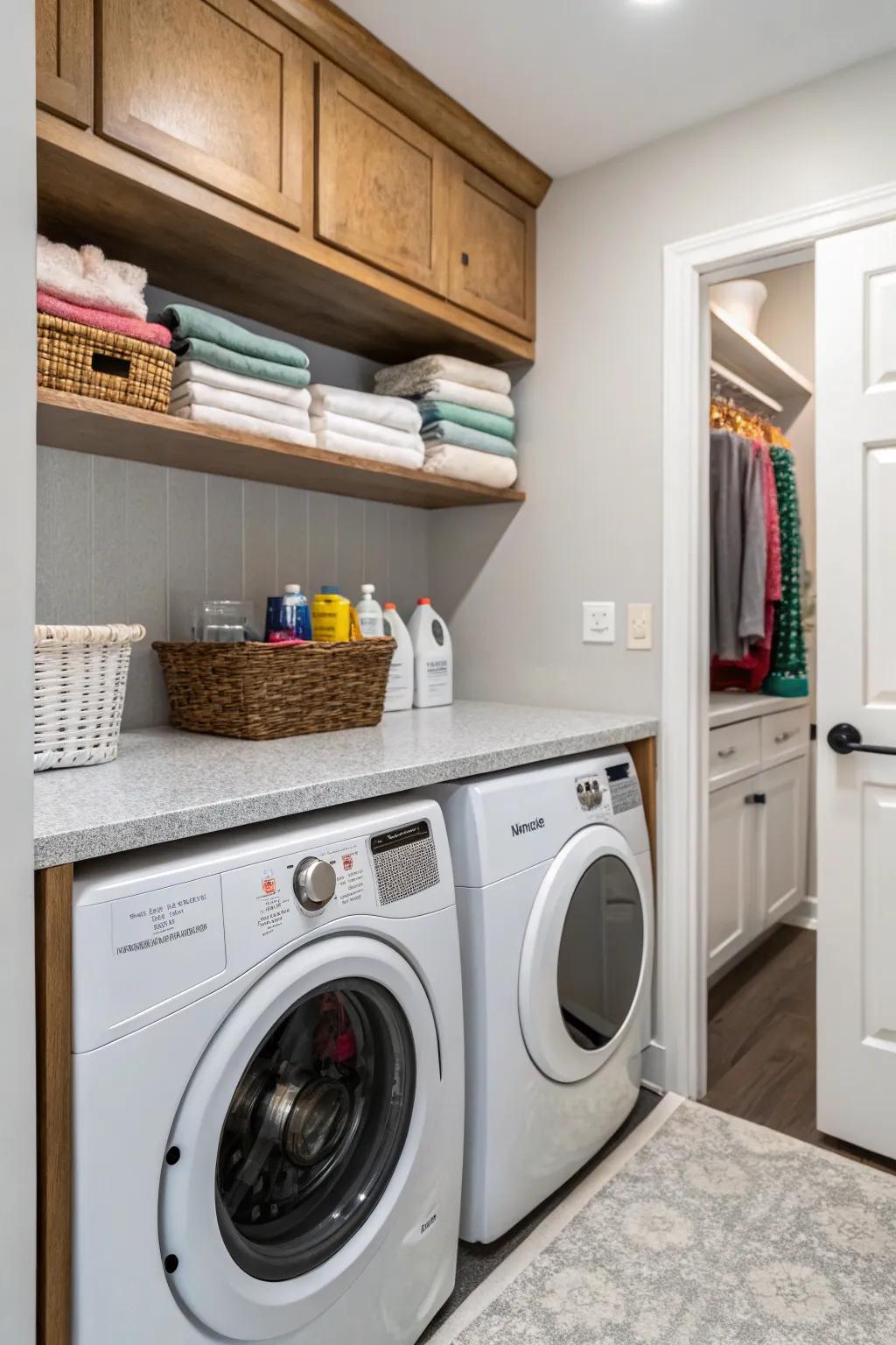 A functional countertop adds practicality to this stylish farmhouse laundry area.