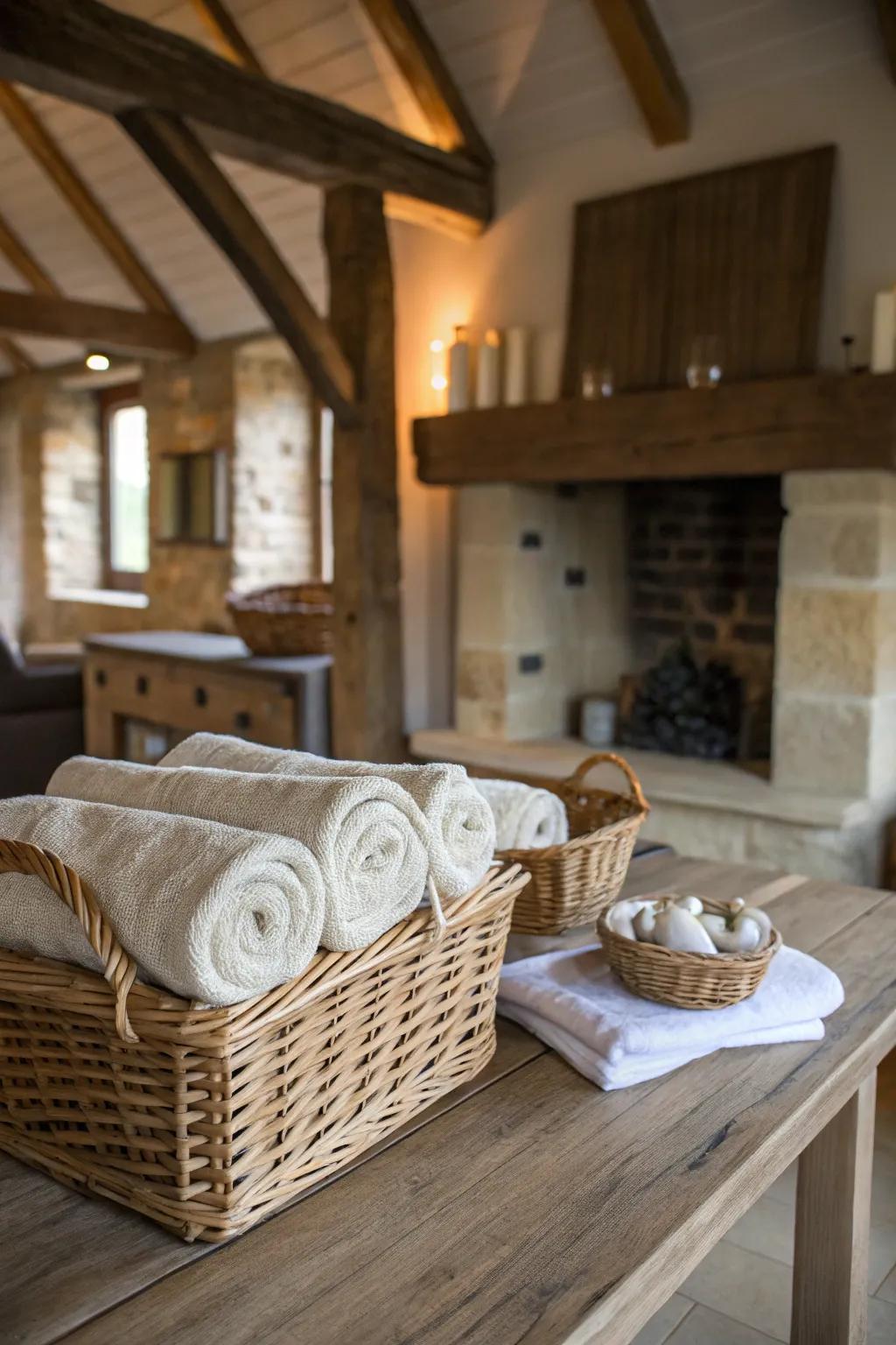 Wicker baskets containing throws introduce a snug and appealing accent to your table.