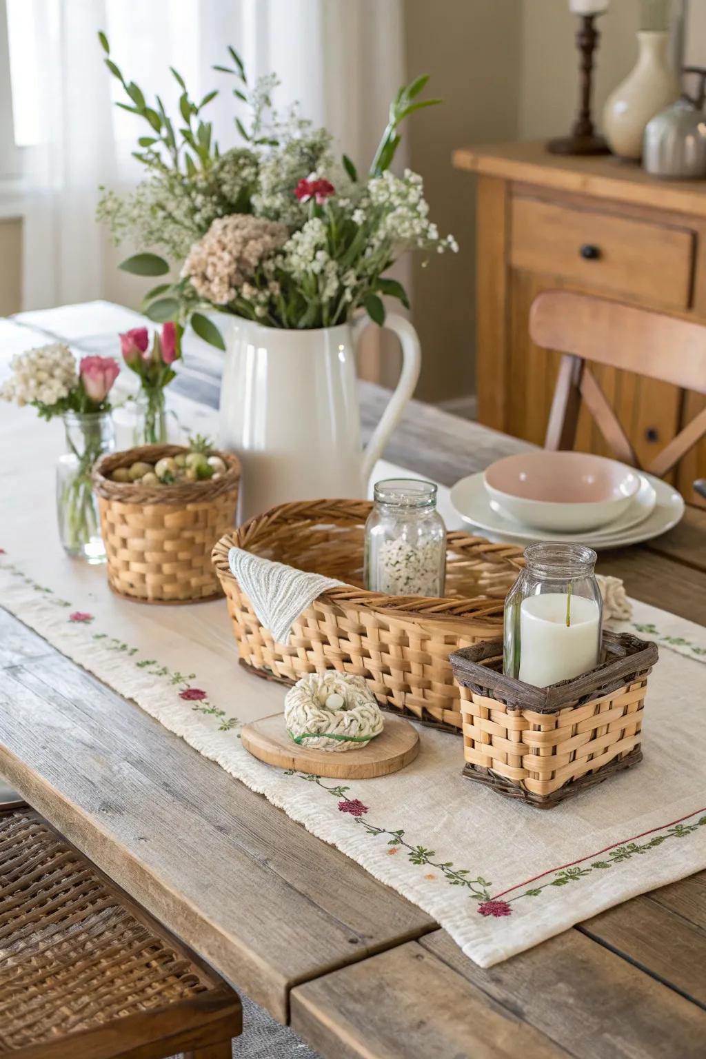 Woven crates contribute texture and function to the table.