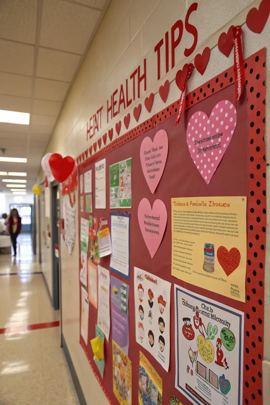 A heart health-themed bulletin board featuring wellness tips.