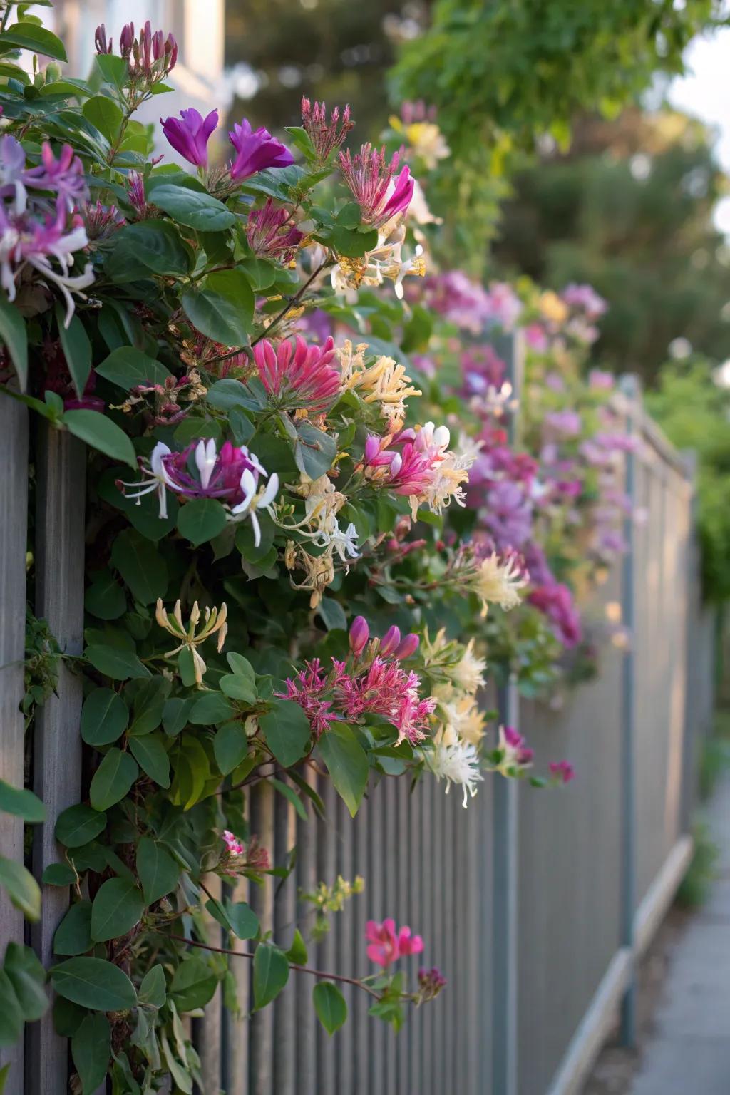 Flowering vines contribute animated coloration and allure to fences.