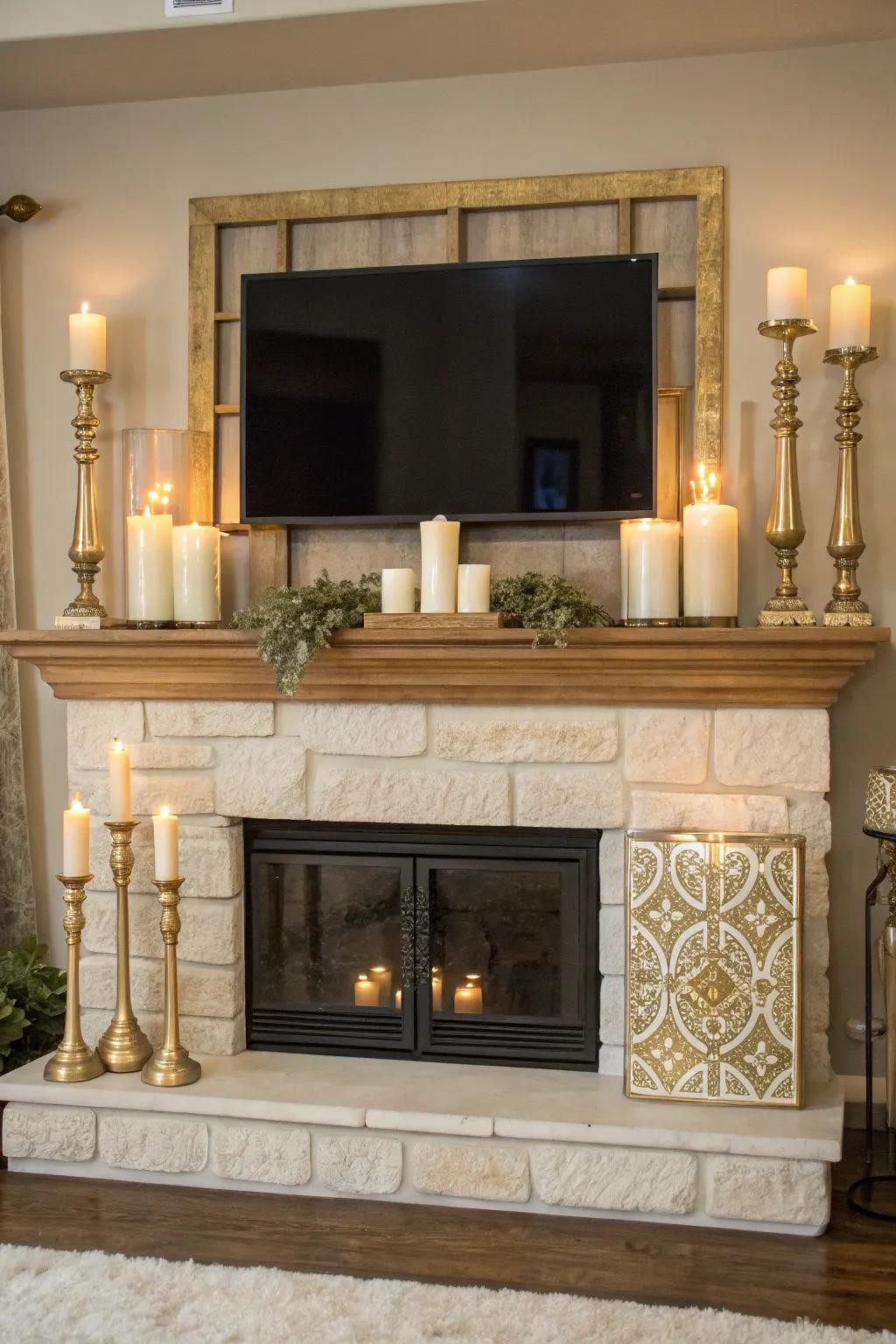 Encompass your television via illuminations fashioned for a harmonized and fashionable mantel. 📺🕯️ #MantelAesthetic #HarmonizedBlueprint