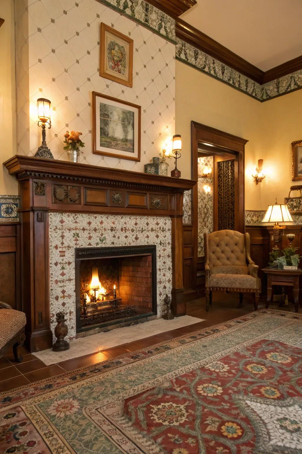 Infuse nostalgia with antique tile accents near your fireplace.