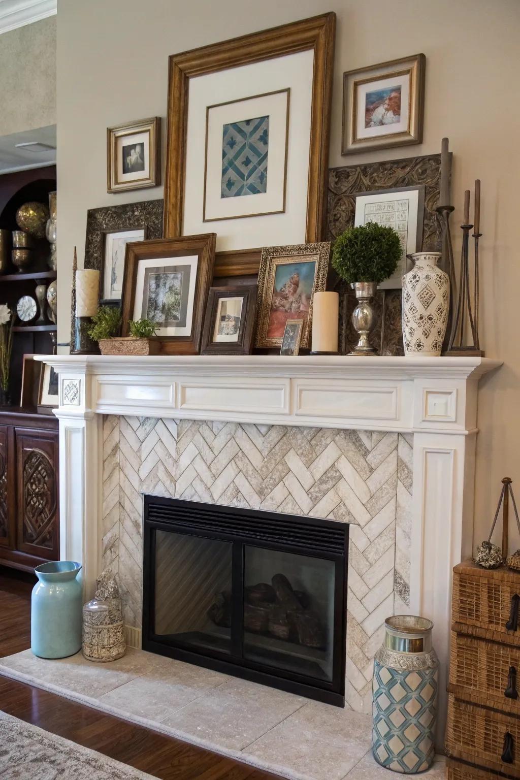 Dynamic stratification adding motion and intrigue to the mantel décor.