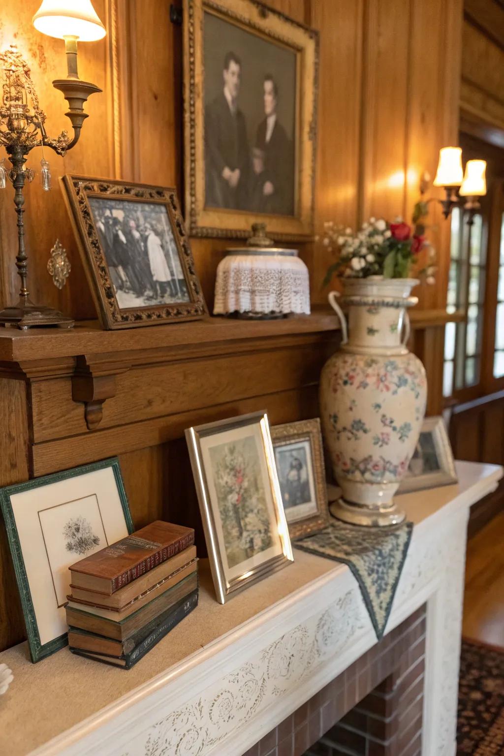 Vintage pieces displayed on your mantel express history and impart an added layer of depth.