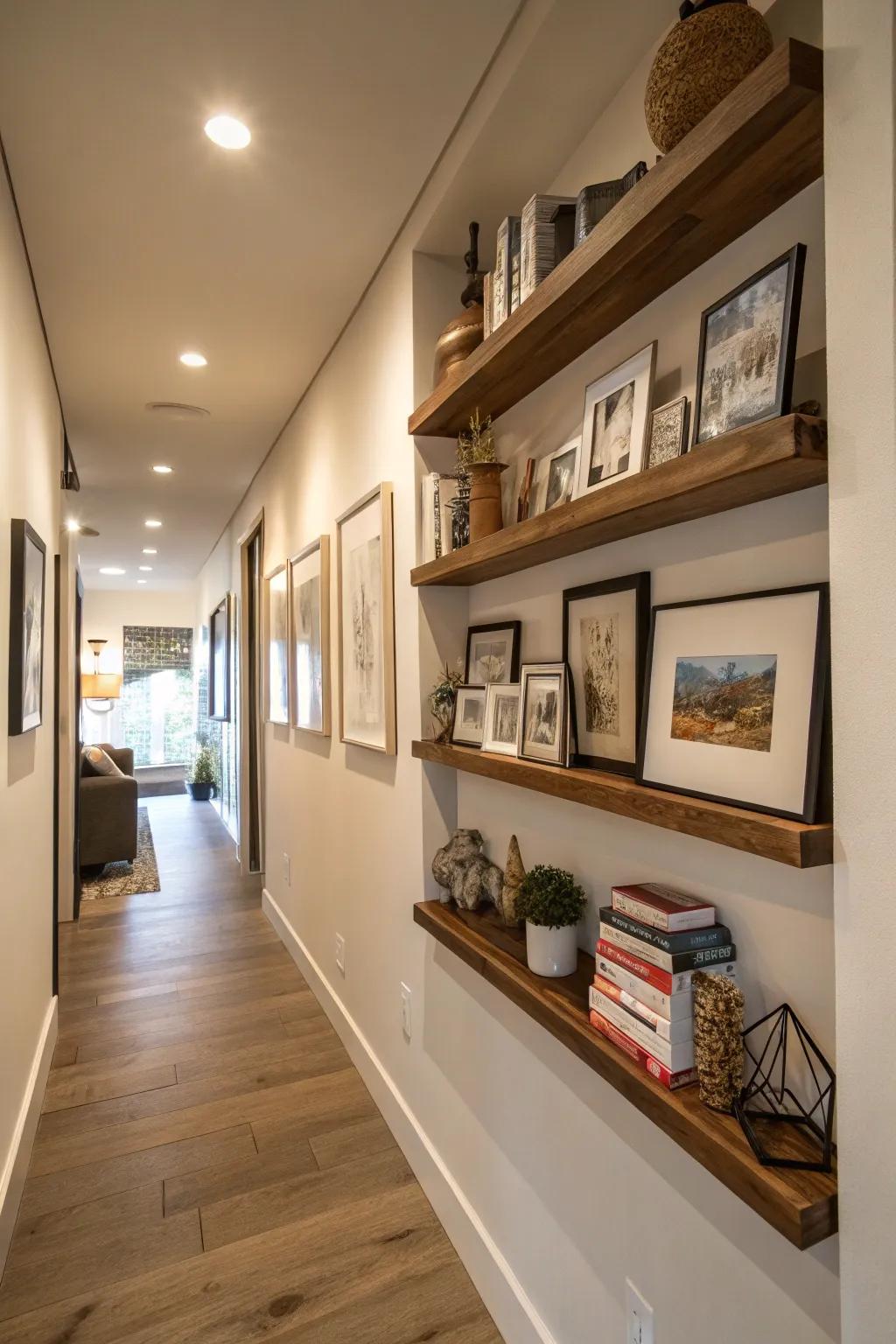 Transform your hallway into an artistic gallery using floating shelves.