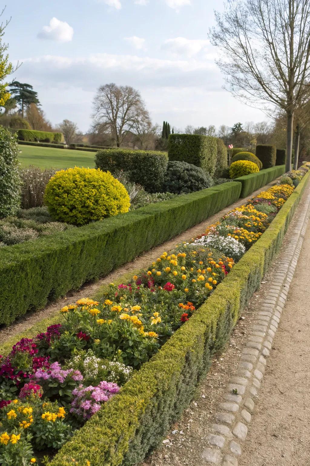 A neat and structured floral border featuring formal perimeter with boxwood hedges.