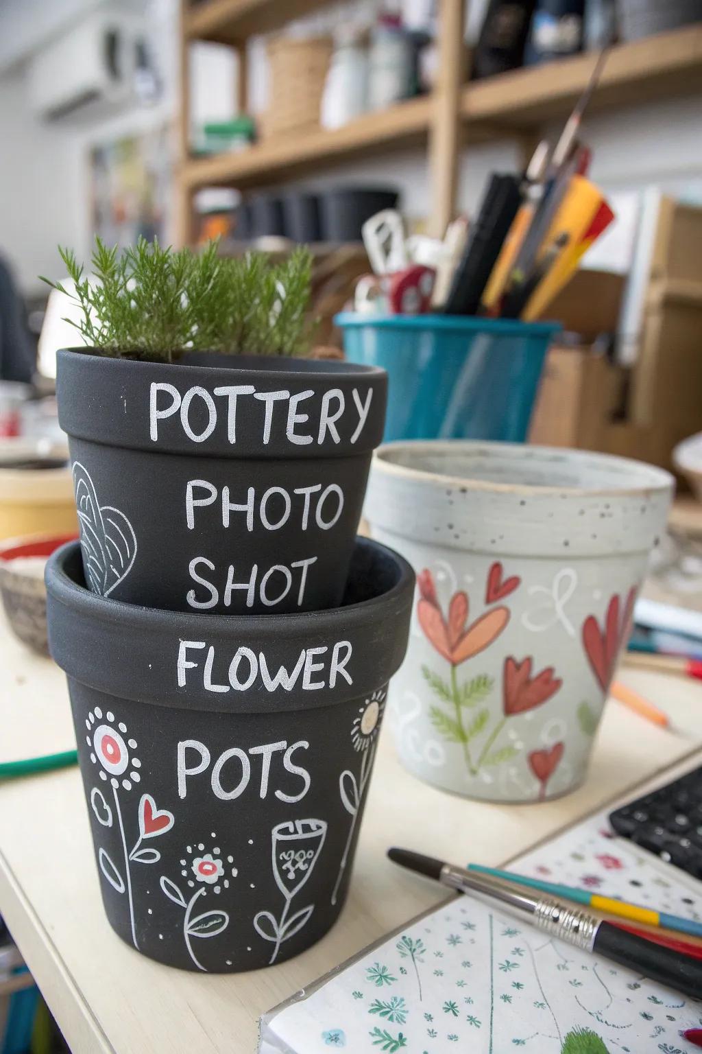 Relish versatility through chalkboard application floral receptacles.