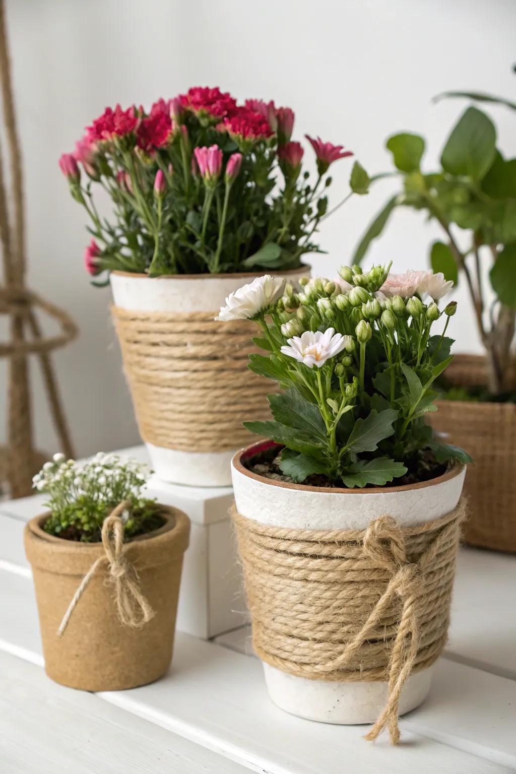 Thine-wrapped flower containers blending elegance with nature.