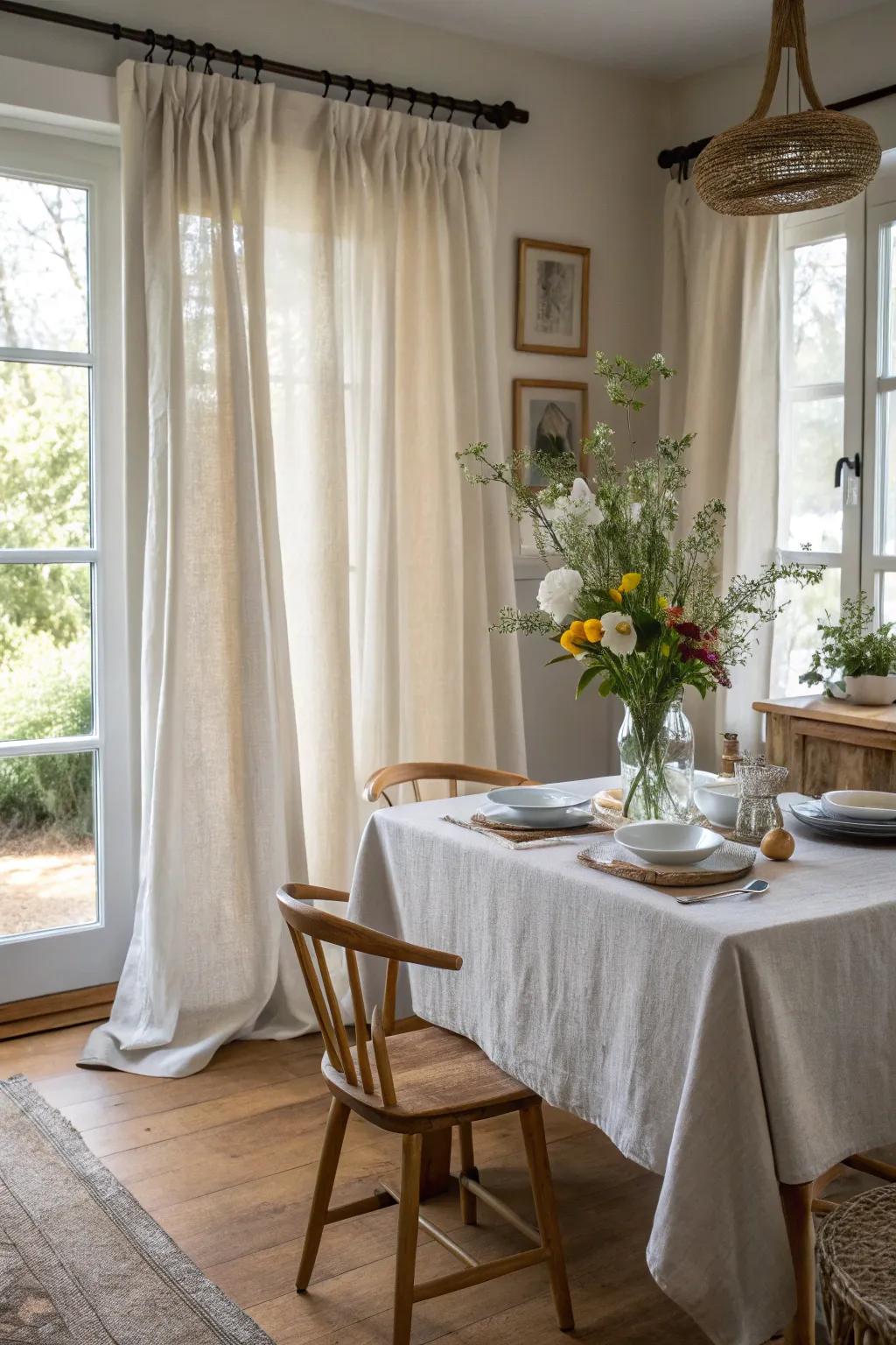 Linen fabrics bring a natural, airy feel to this dining room.