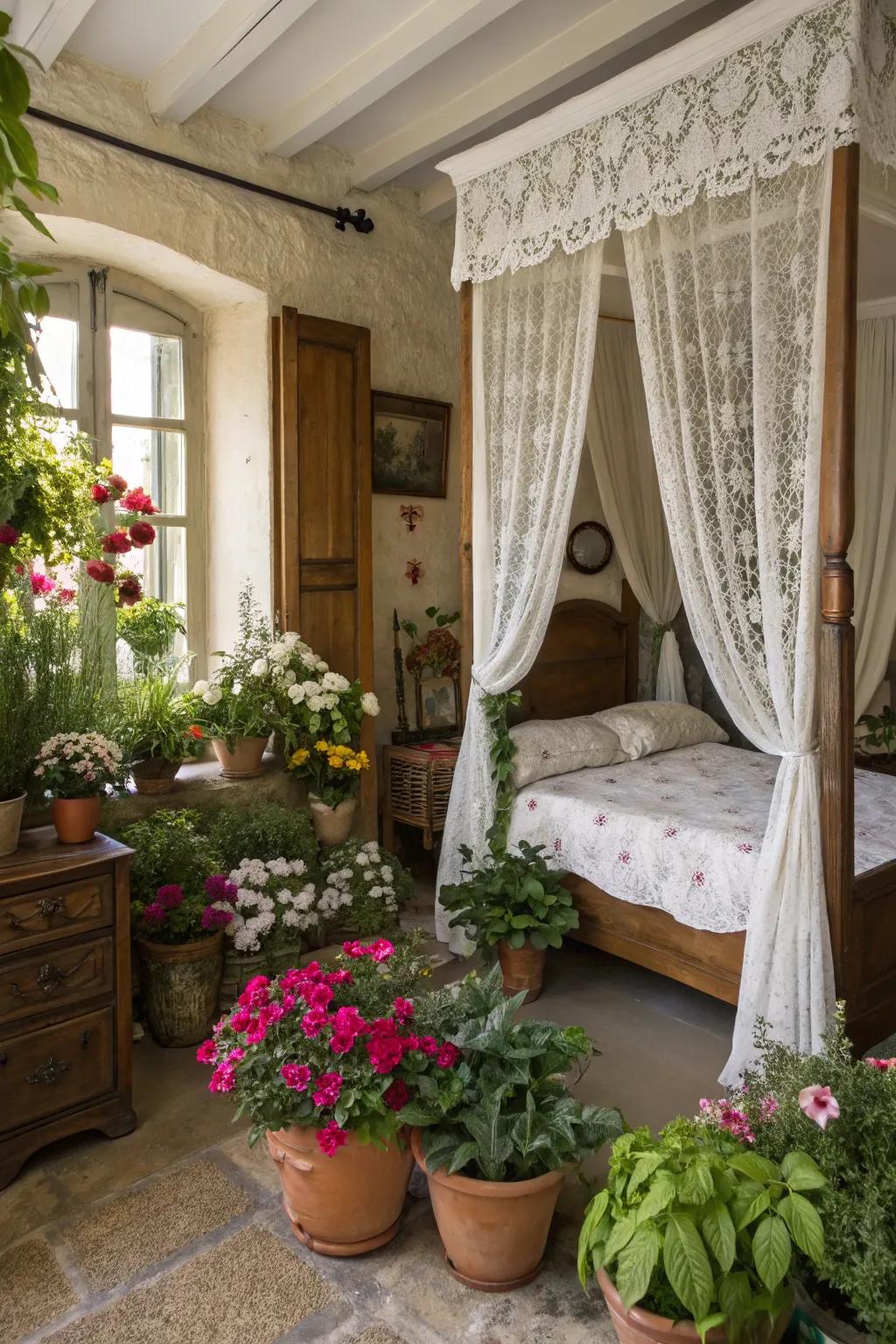Lush foliage introduces life and vigor to this French bedroom.