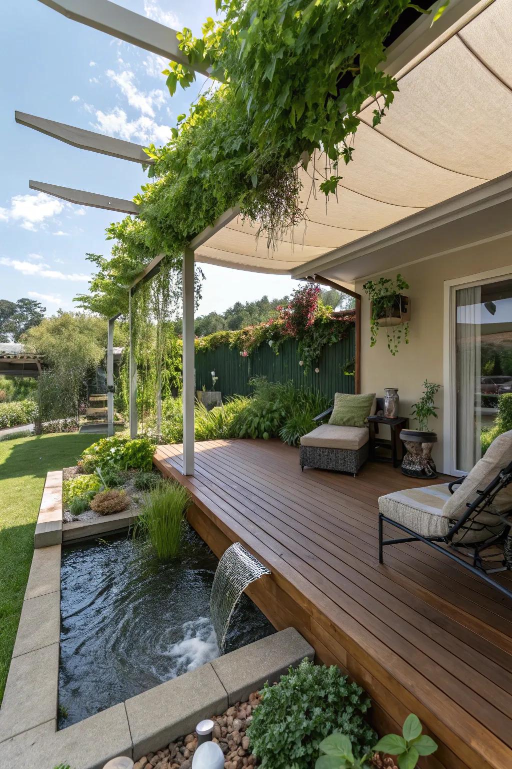 Aquatic flora shelters fashion a soothing verdant oasis.