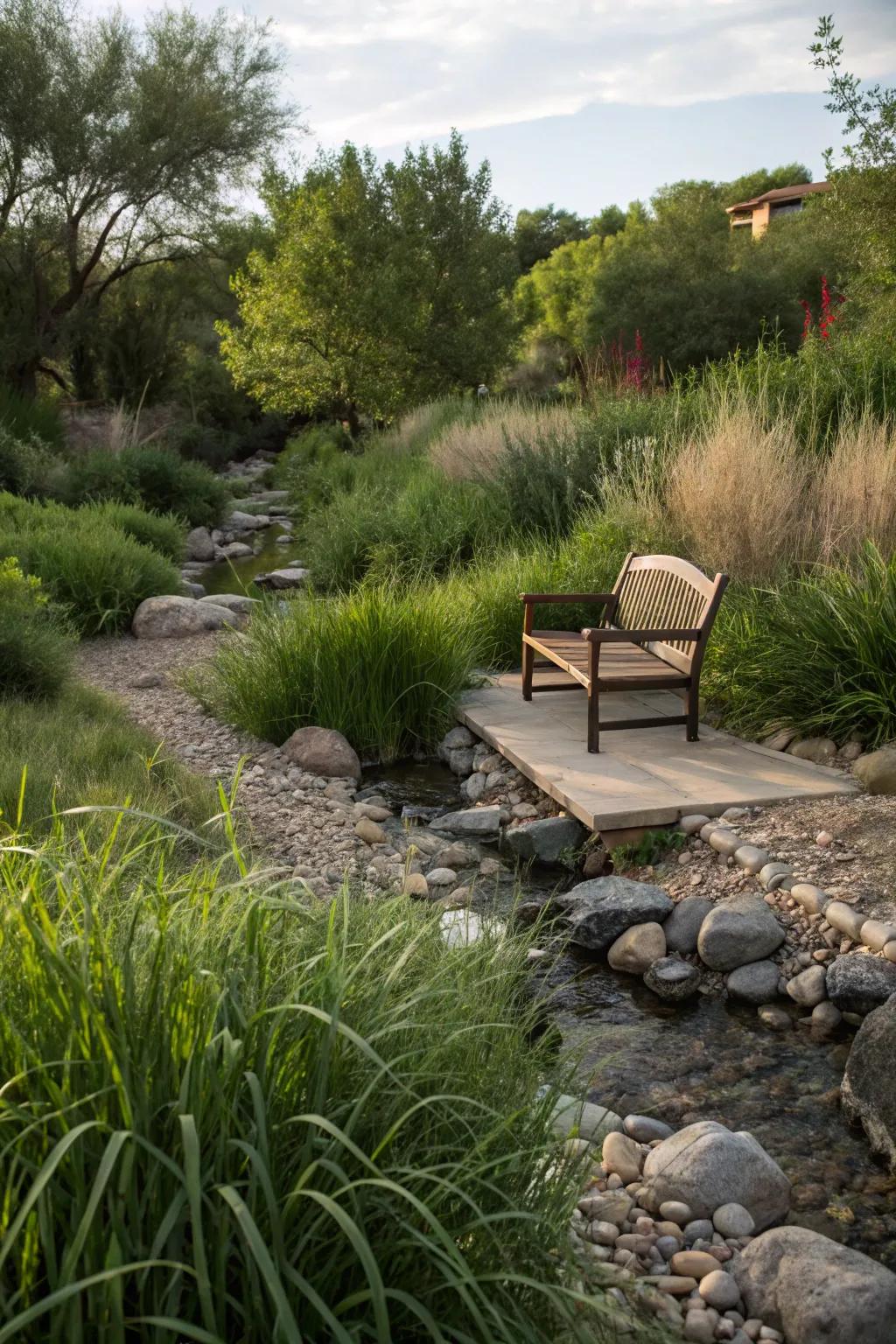 A sheltered seating nook provides a peaceful spot to appreciate your dry creek bed.