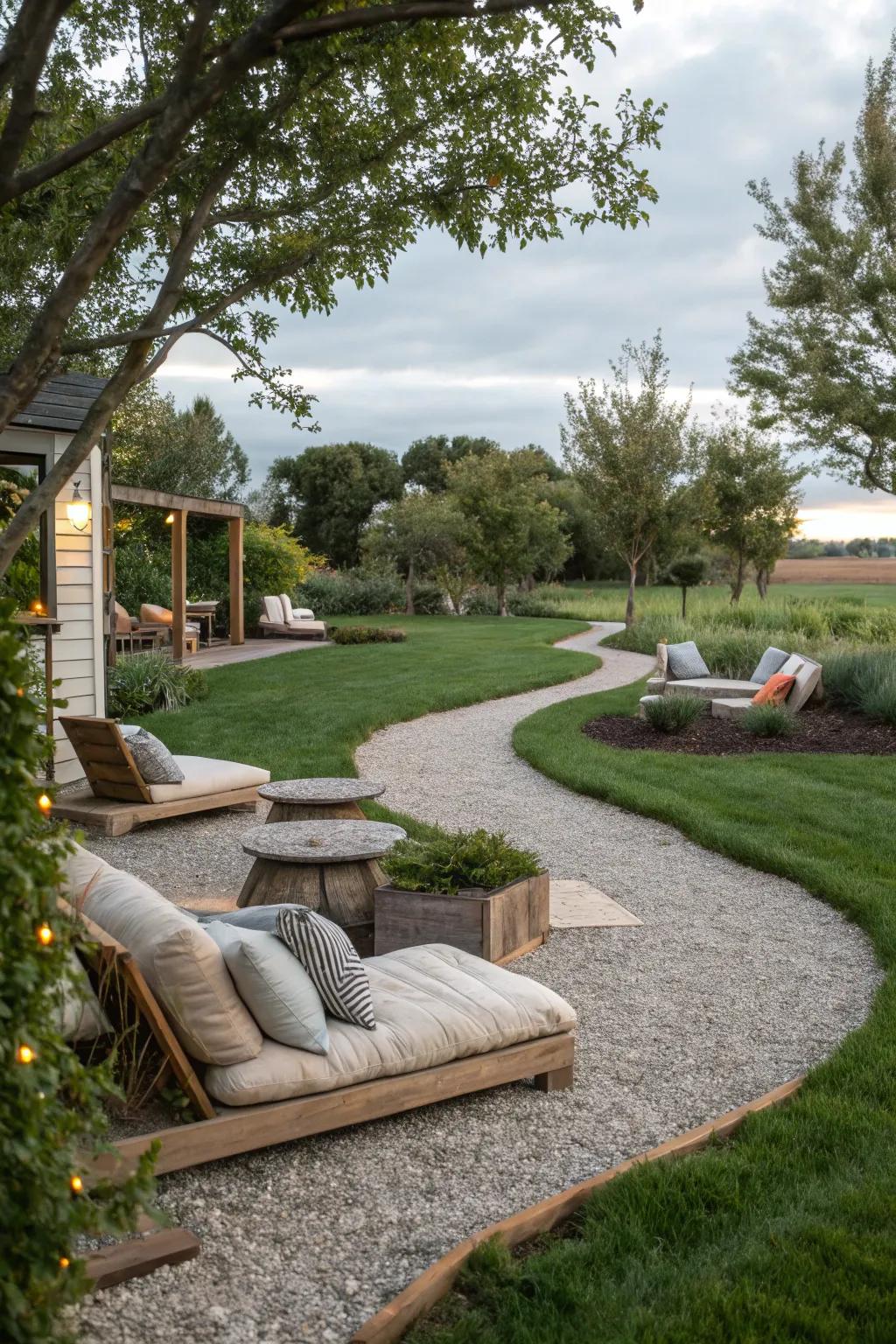Intimate seating spaces nestled among gravel routes beckon relaxation.