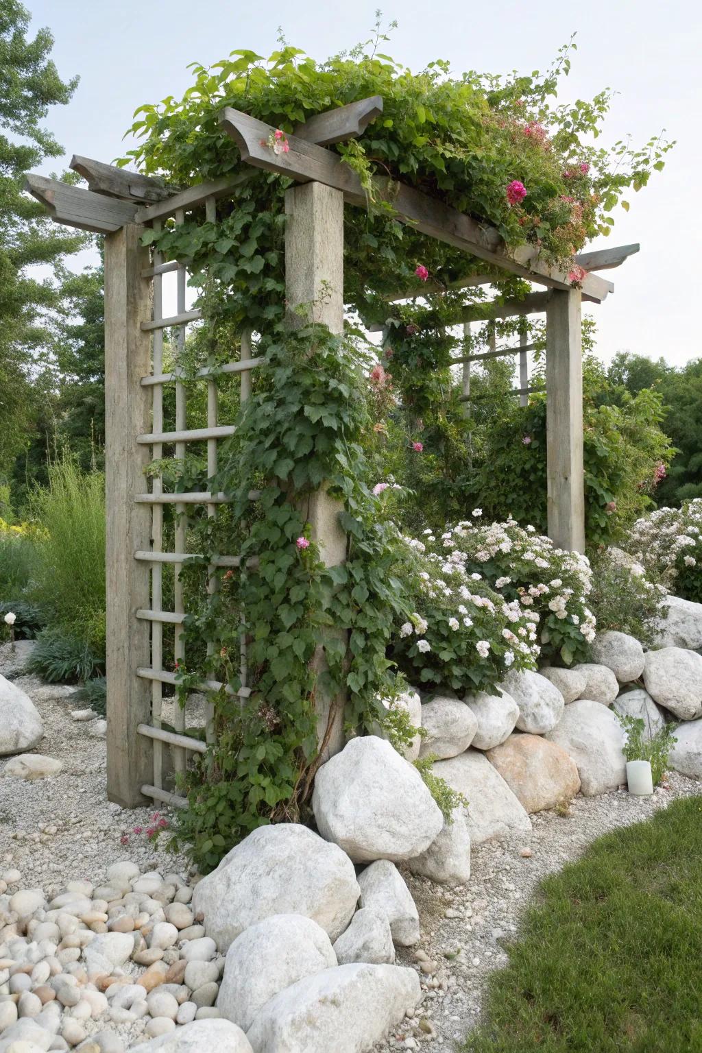 Vertical components like trellises add height and fascination to rock gardens.