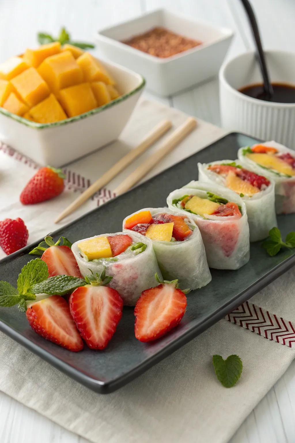 Fruit sushi spirals propose a spirited and startling alteration.