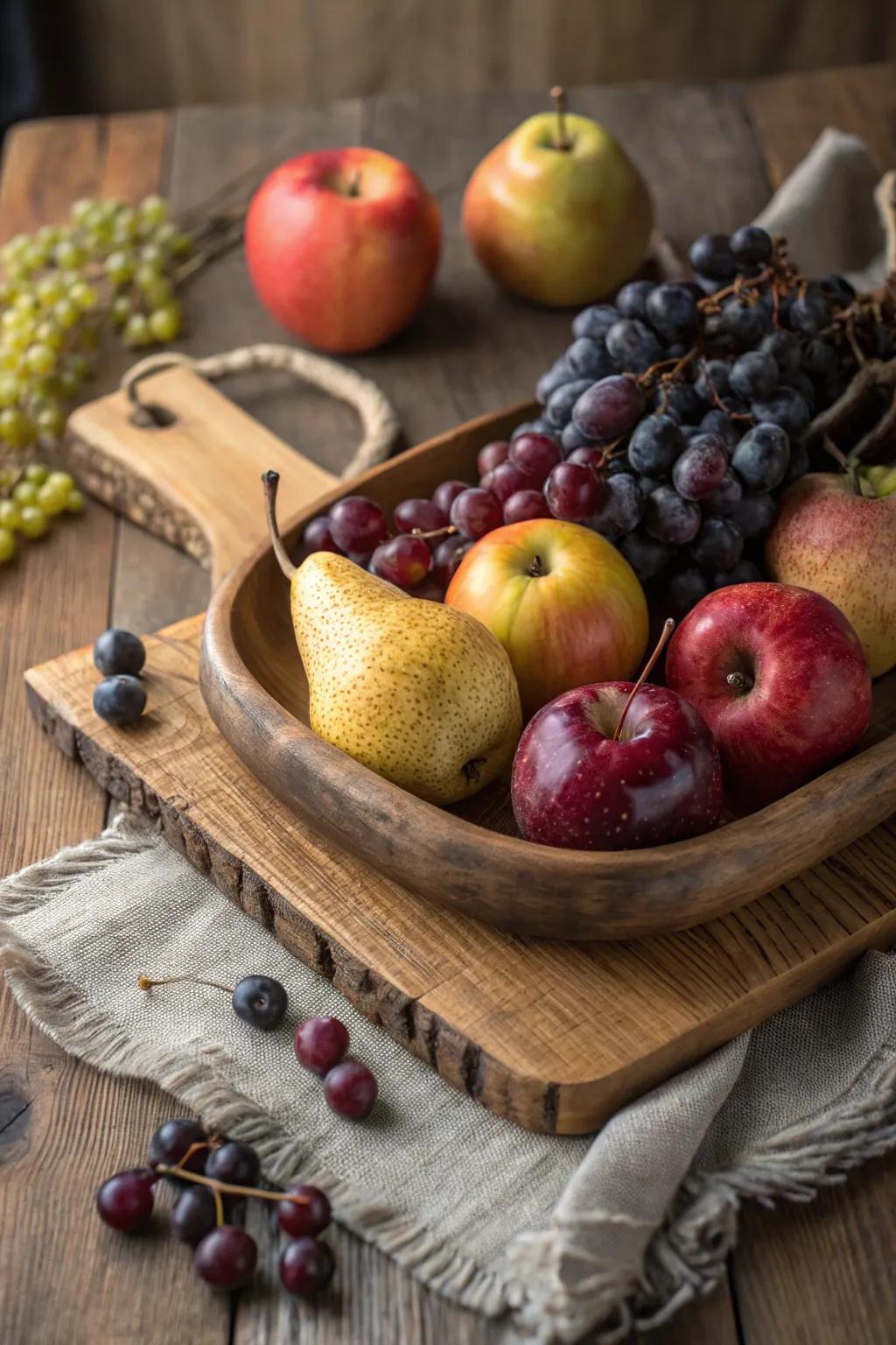 A rustic selection fruit presentation ideally suited for autumnal gatherings.