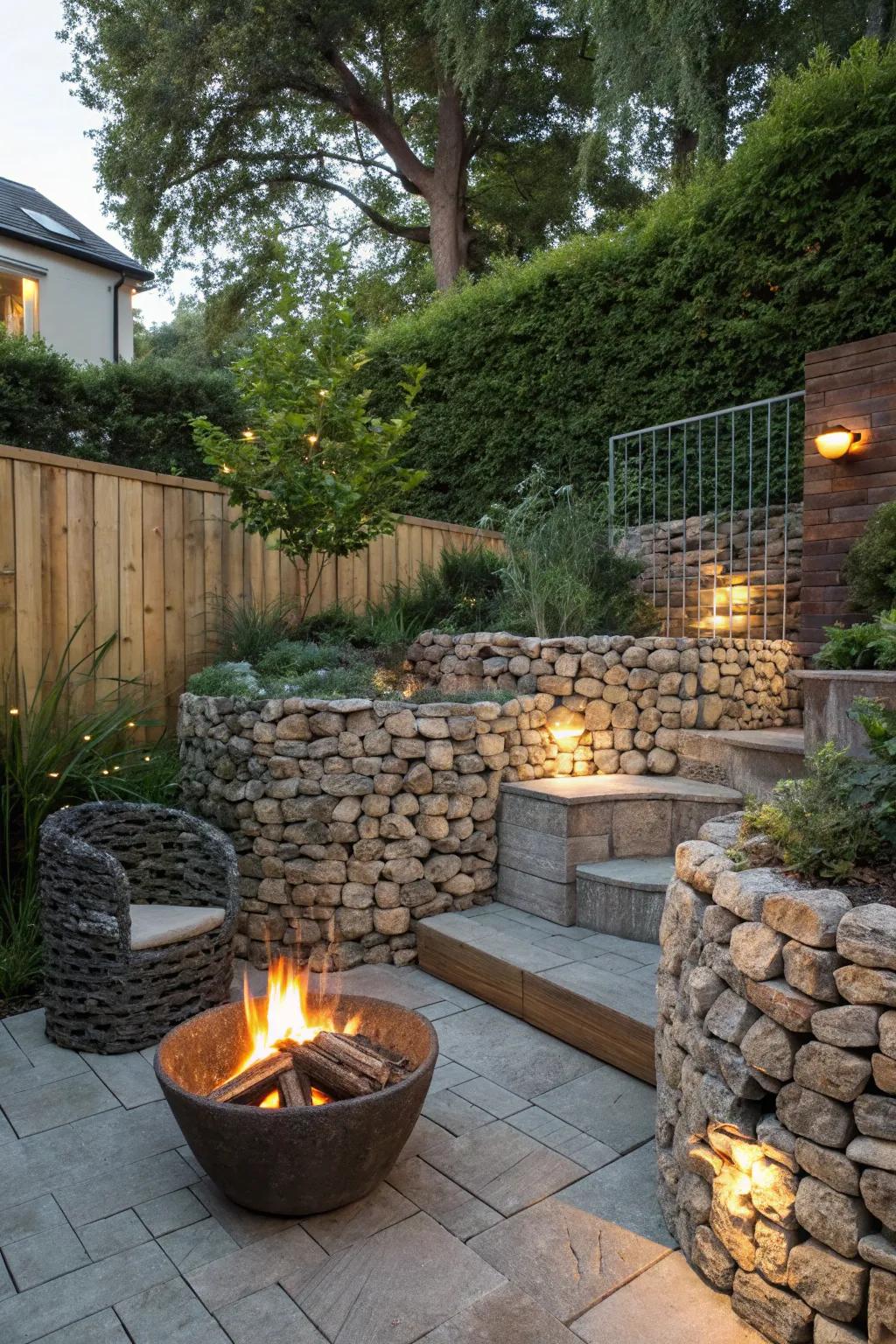 Craft a warm atmosphere with a gabion fire pit area.