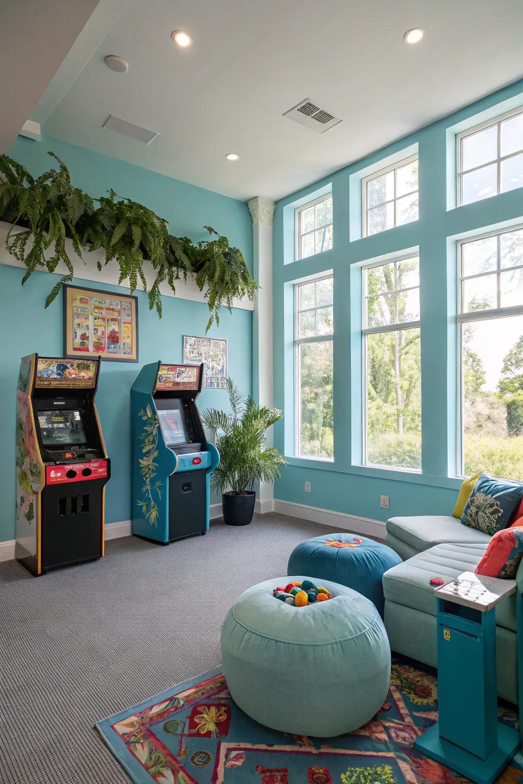 Azure walls evoke calmness and openness, perfect for a game room.