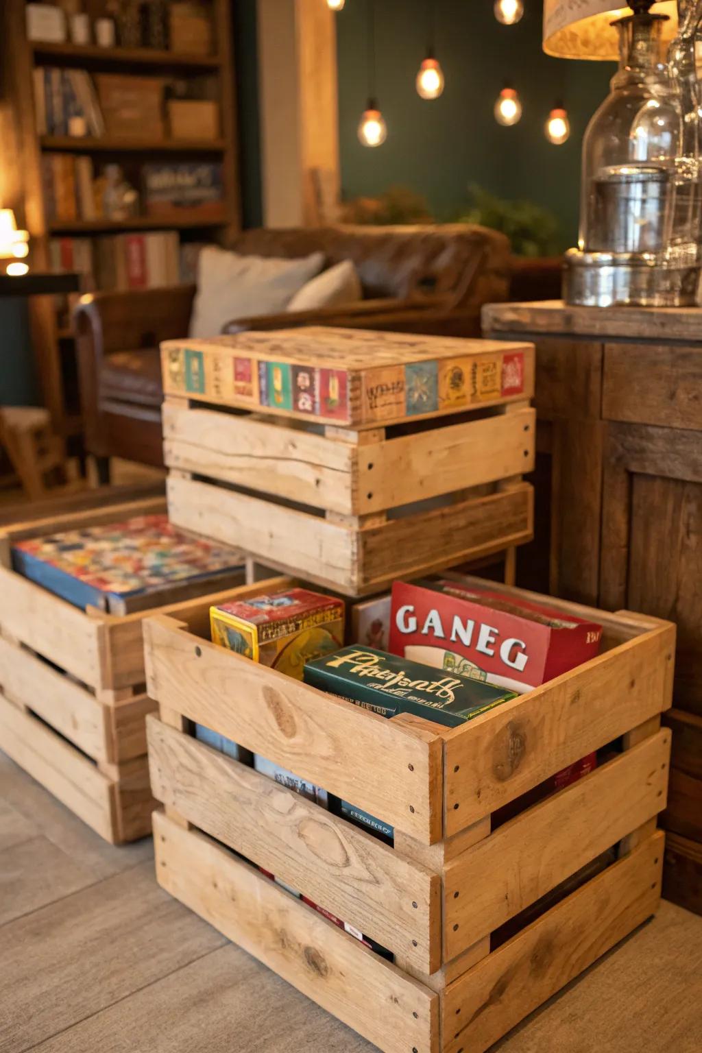 Timber crates infuse a rustic ambiance into your storage.