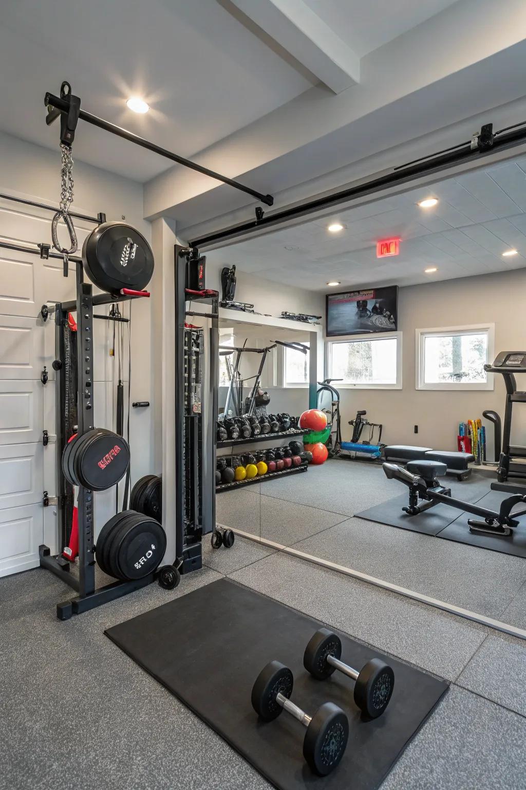 Crystals broaden the space and help monitor workout form.