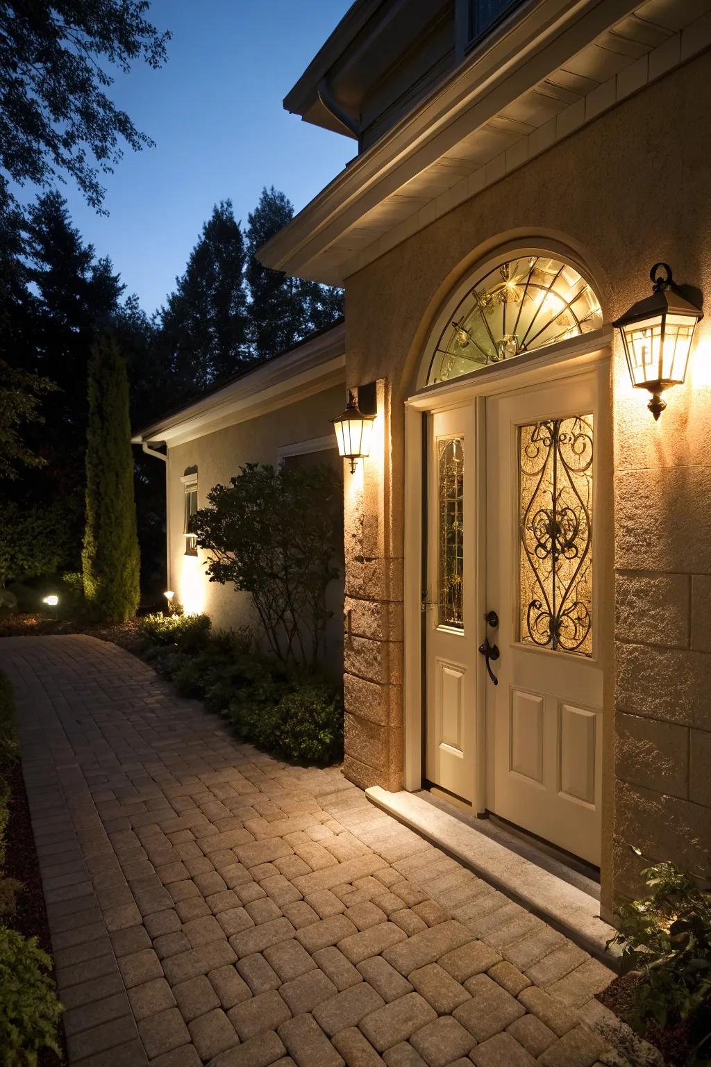 Decorative lighting enhances the entryway's ambiance.