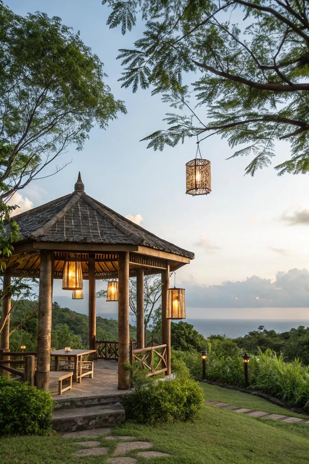 Cane fixtures meld seamlessly, giving rise to a serene atmosphere.