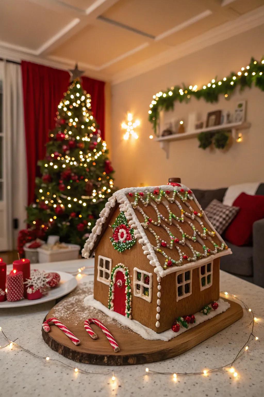 A gingerbread roof featuring confectionery holiday illuminations.