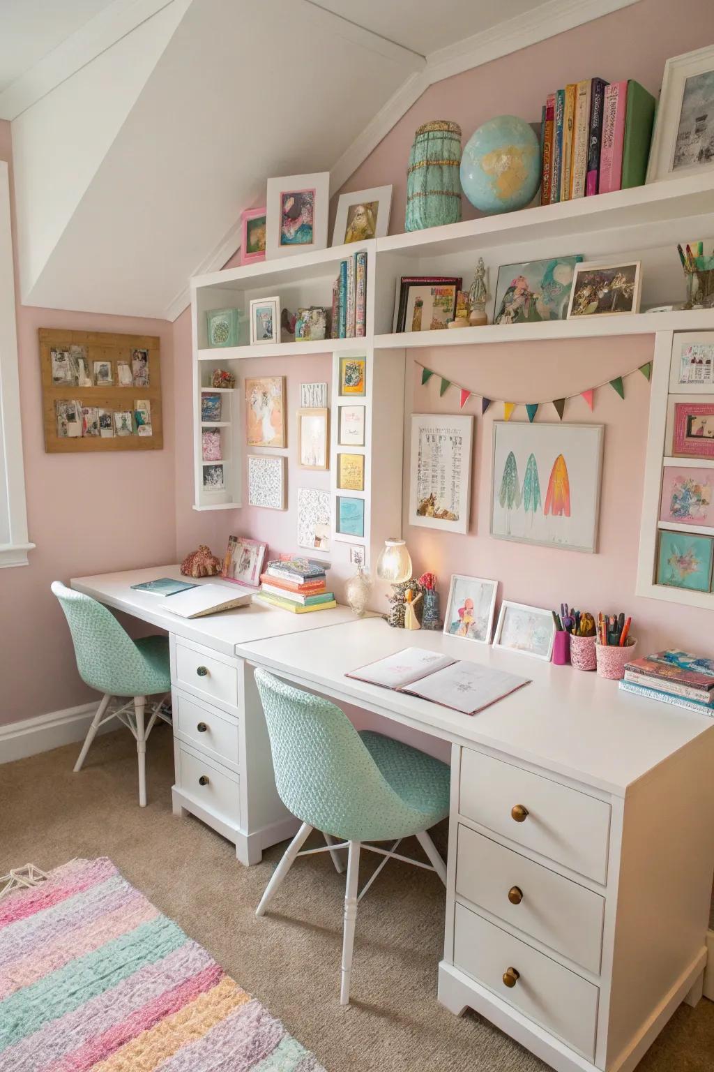 A shared workspace fosters productivity and collaboration in a shared room.