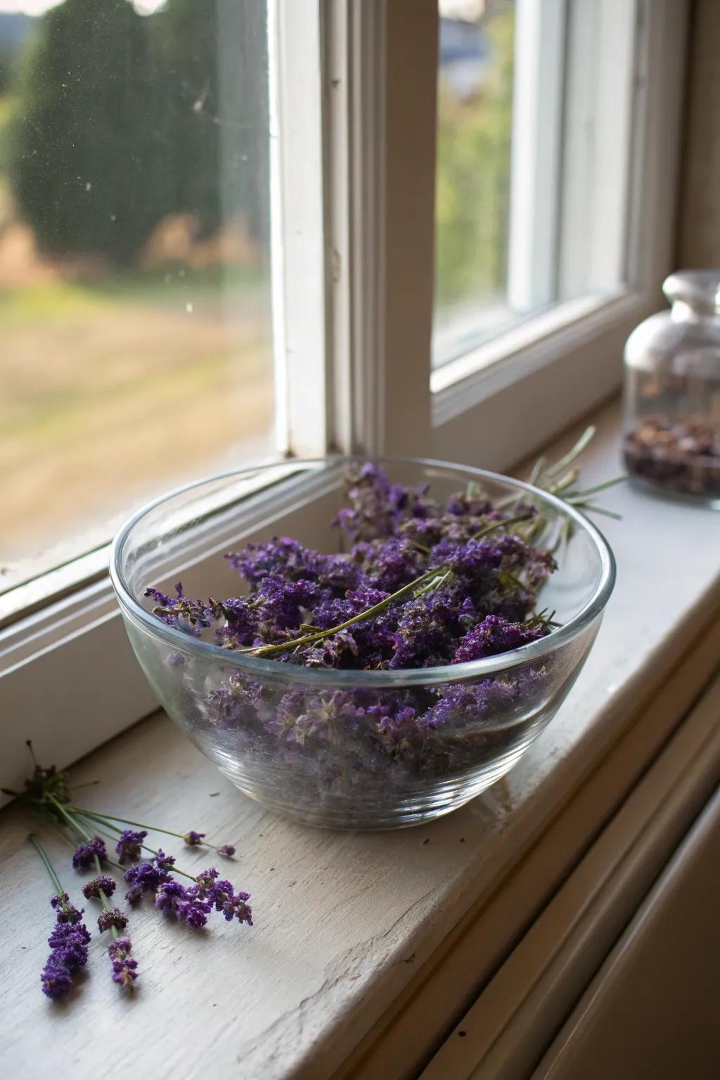 Tasteful and aromatic dried lavender within a glass bowl.
