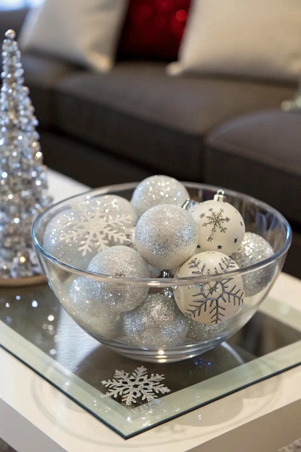 Effervescent snowflakes integrating a frigid effulgence within a crystal vessel.