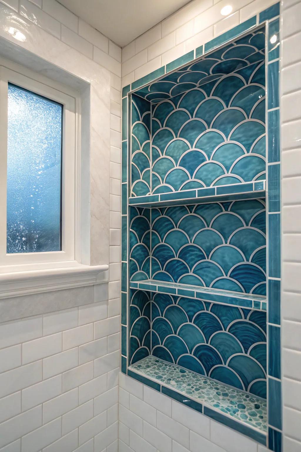 Marine-themed glass tiles transport a seaside ambiance to any expanse.