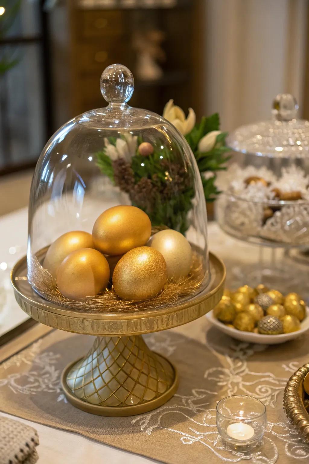 Gilded eggs beneath a dome evoke a sophisticated presentation.