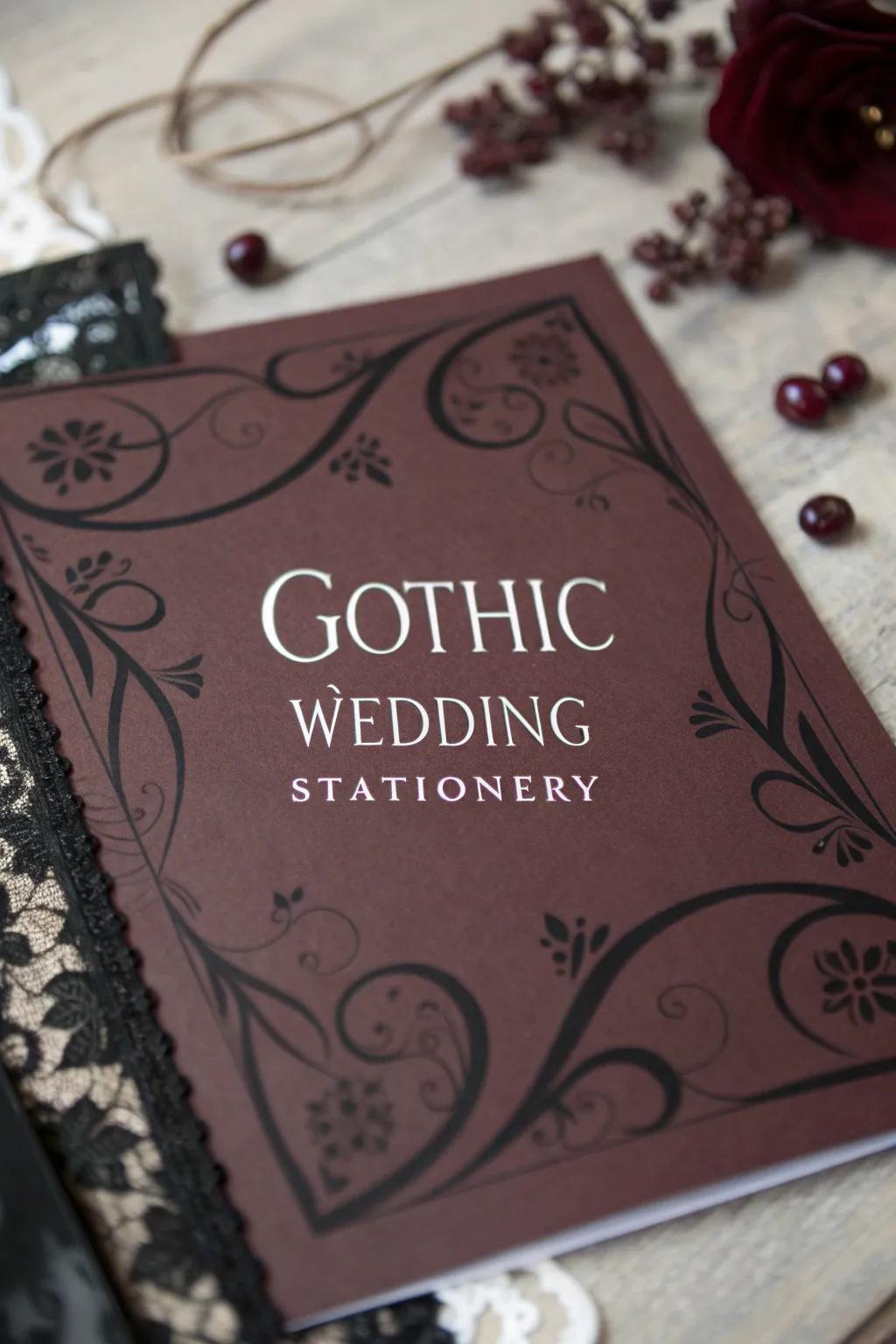 Gothic wedding stationery displaying elaborate calligraphy.